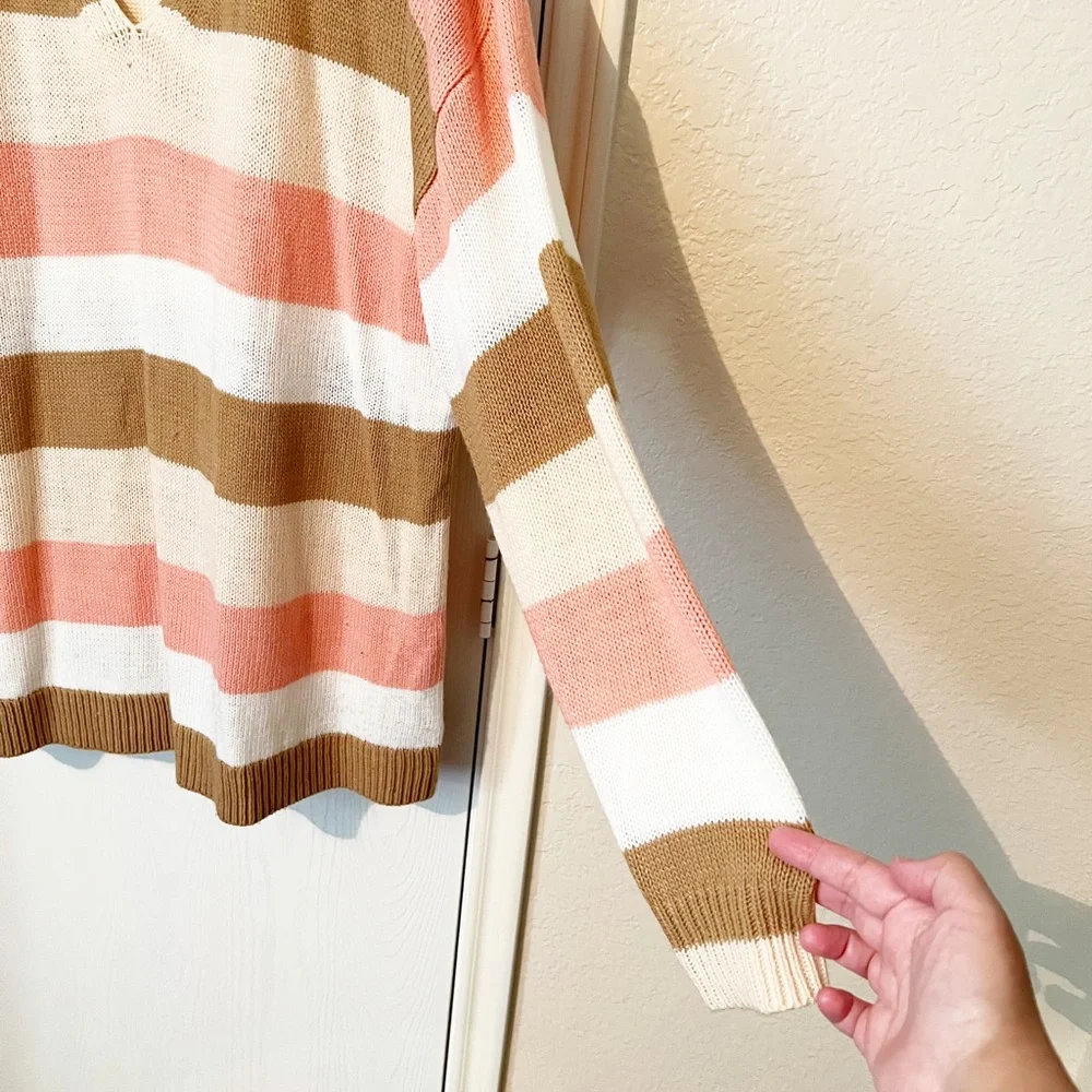 SOLD! [Glitzy Girlz] Neutral Stripe V-Neck Pullover Sweater - Picture 3 of 9